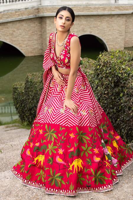 Shop_Sonia Bansal_Red Chanderi Chevron, Floral, Gota, Sequin, Animal V Neck Print Lehenga Set _at_Aza_Fashions