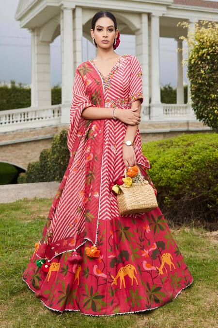Shop_Sonia Bansal_Red Silk Chevron, Floral, Animal V Neck Print Anarkali With Dupatta _at_Aza_Fashions