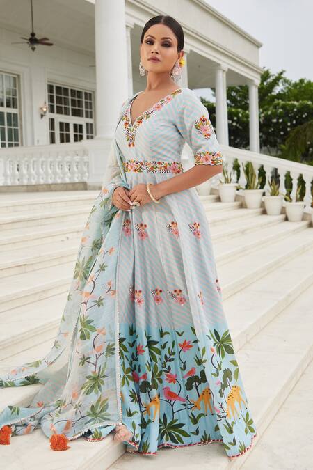 Shop_Sonia Bansal_Blue Chanderi Chevron, Floral, Animal V Neck Printed Anarkali With Dupatta _at_Aza_Fashions