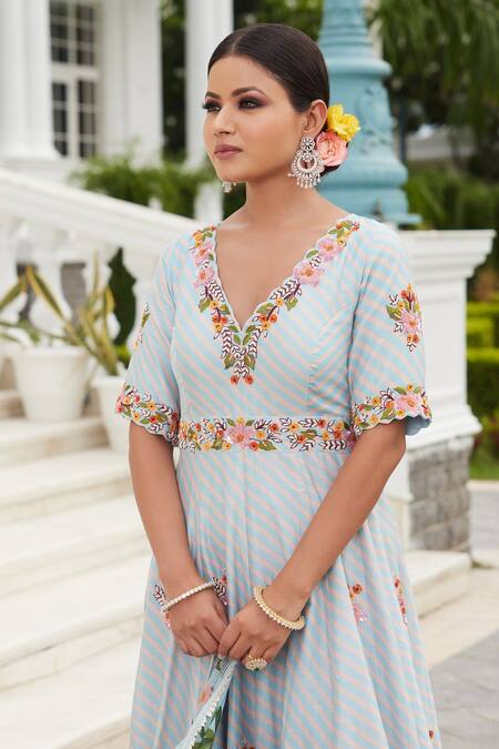 Sonia Bansal_Blue Chanderi Chevron, Floral, Animal V Neck Printed Anarkali With Dupatta _Online_at_Aza_Fashions