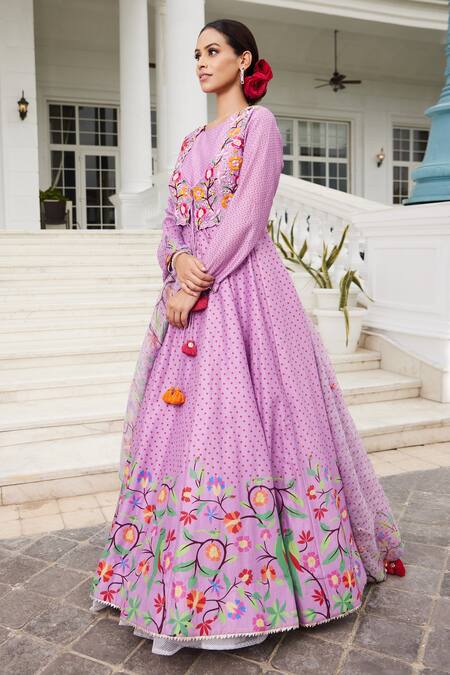 Shop Sonia Bansal Purple Chanderi Bandhej, Bird, Floral Round Printed Anarkali With Dupatta at Aza Fashions Shop_Sonia Bansal_Purple Chanderi Bandhej, Bird, Floral Round Printed Anarkali With Dupatta _at_Aza_Fashions