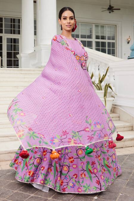 Sonia Bansal Purple Chanderi Bandhej, Bird, Floral Round Printed Anarkali With Dupatta Online at Aza Fashions Sonia Bansal_Purple Chanderi Bandhej, Bird, Floral Round Printed Anarkali With Dupatta _Online_at_Aza_Fashions