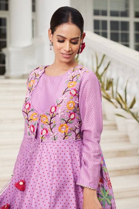 Buy Sonia Bansal Purple Chanderi Bandhej, Bird, Floral Round Printed Anarkali With Dupatta Online at Aza Fashions Buy_Sonia Bansal_Purple Chanderi Bandhej, Bird, Floral Round Printed Anarkali With Dupatta _Online_at_Aza_Fashions