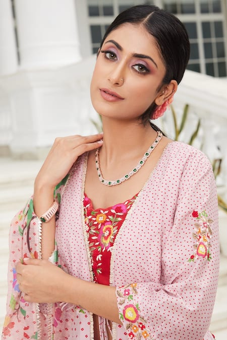Sonia Bansal_Pink Chanderi Printed Bandhej Jacket Open And Sharara Set _Online_at_Aza_Fashions