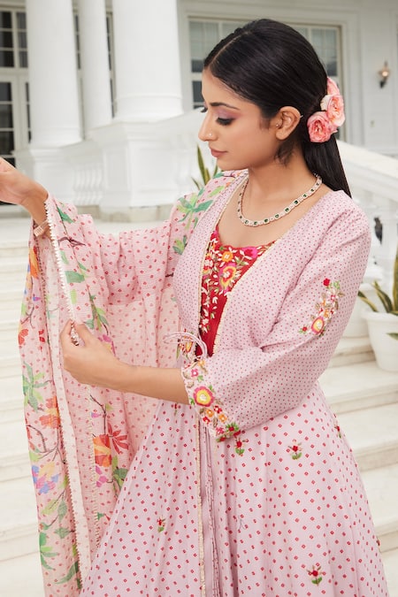 Buy_Sonia Bansal_Pink Chanderi Printed Bandhej Jacket Open And Sharara Set _Online_at_Aza_Fashions