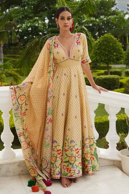 Sonia Bansal Yellow Chanderi And Embroidery Paithani V Neck Anarkali With Dupatta 