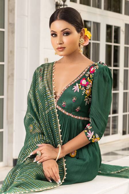 Shop_Sonia Bansal_Green Chinnon And Chiffon Placement Floral Embroidered Anarkali With Dupatta_Online_at_Aza_Fashions