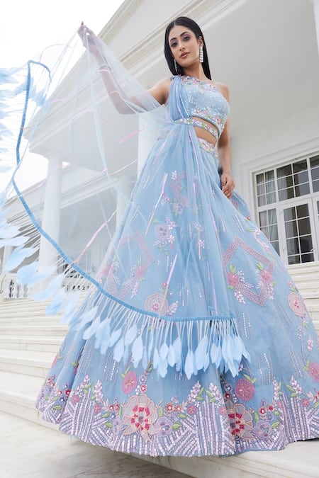 Shop_Sonia Bansal_Blue Organza, Net Floral, Sequin Asymmetric Embroidered Lehenga Set _at_Aza_Fashions
