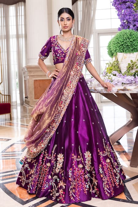 Indian Designer Golden and Purple Wedding Lehenga Choli with Embroidery -