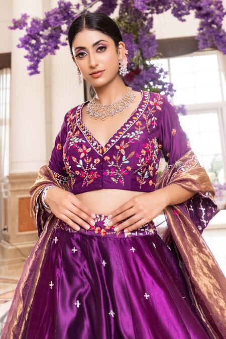 Sonia Bansal_Purple Silk And Tissue Sequin & Zardozi, Thread V Neck Bridal Lehenga Set_at_Aza_Fashions