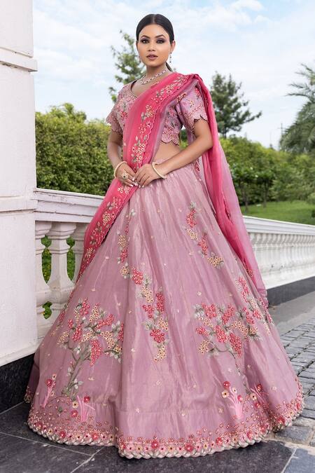 Shop_Sonia Bansal_Pink Tissue, Silk And Organza Cutdana & Floral Embroidered Bridal Lehenga Set _at_Aza_Fashions