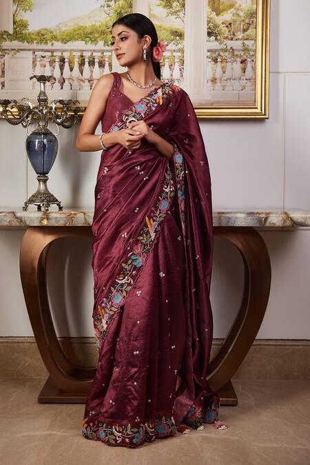 Shop Sonia Bansal Wine Silk Cutdana, Resham, Sequin And Floral Motifs V Neck Saree With Blouse at Aza Fashions Shop_Sonia Bansal_Wine Silk Cutdana, Resham, Sequin And Floral Motifs V Neck Saree With Blouse_at_Aza_Fashions