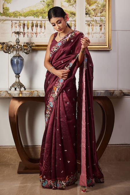 Wine Contemporary Saree in Chiffon Satin with Swarovski