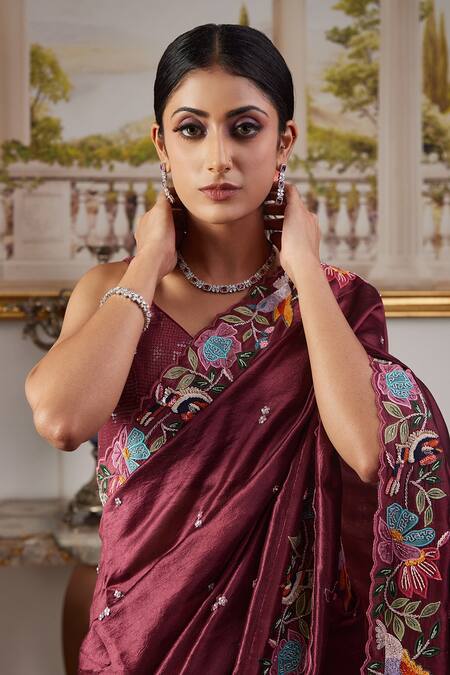 Buy Sonia Bansal Wine Silk Cutdana, Resham, Sequin And Floral Motifs V Neck Saree With Blouse Online at Aza Fashions Buy_Sonia Bansal_Wine Silk Cutdana, Resham, Sequin And Floral Motifs V Neck Saree With Blouse_Online_at_Aza_Fashions