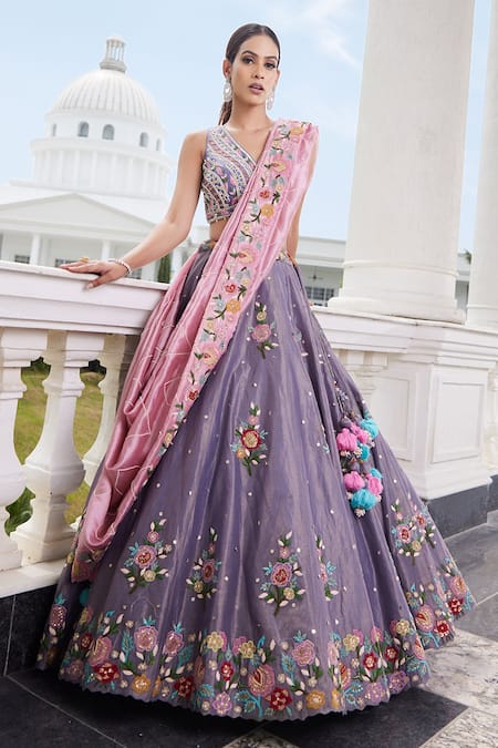 Buy Sonia Bansal Purple Silk, Tissue Cutdana, Floral, Sequin V Neck Embroidered Lehenga Set at Aza Fashions Buy_Sonia Bansal_Purple Silk, Tissue Cutdana, Floral, Sequin V Neck Embroidered Lehenga Set_at_Aza_Fashions