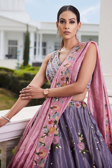 Sonia Bansal Purple Silk, Tissue Cutdana, Floral, Sequin V Neck Embroidered Lehenga Set Online at Aza Fashions Sonia Bansal_Purple Silk, Tissue Cutdana, Floral, Sequin V Neck Embroidered Lehenga Set_Online_at_Aza_Fashions