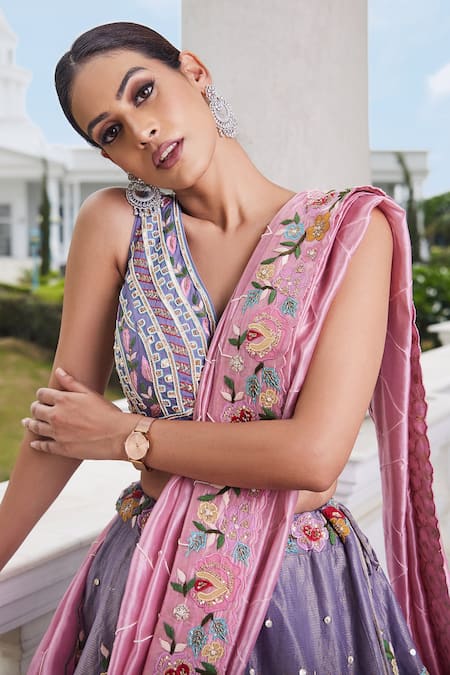 Buy Sonia Bansal Purple Silk, Tissue Cutdana, Floral, Sequin V Neck Embroidered Lehenga Set Online at Aza Fashions Buy_Sonia Bansal_Purple Silk, Tissue Cutdana, Floral, Sequin V Neck Embroidered Lehenga Set_Online_at_Aza_Fashions
