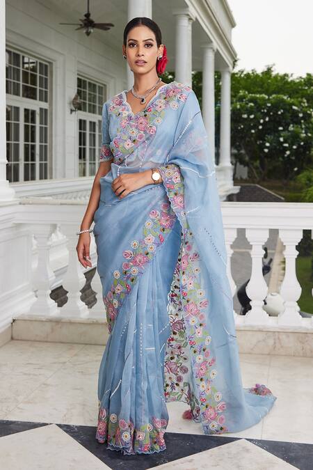 Shop_Sonia Bansal_Blue Organza Cutdana, Floral, Sequin Scallop V Embroidered Saree With Blouse _at_Aza_Fashions