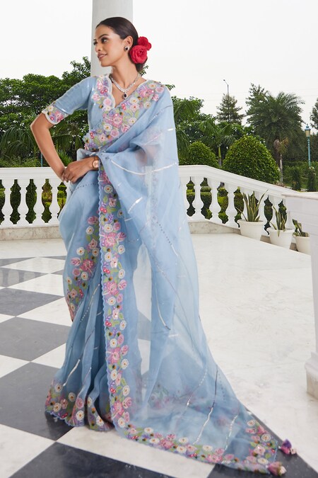 Buy Floral Chikankari Worked Light Blue pure organza saree - dress kurti  and saree wholesale available