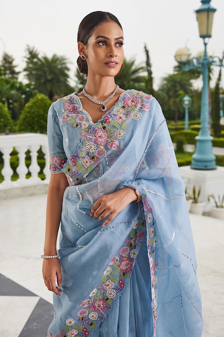 Buy Blue Floral Print Sarees Online for Women in UK