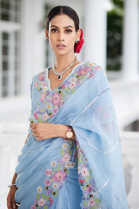 Shop_Sonia Bansal_Blue Organza Cutdana, Floral, Sequin Scallop V Embroidered Saree With Blouse _Online_at_Aza_Fashions