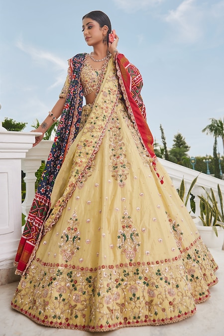 Buy Yellow Silk Chanderi Embroidery Gota V Phulwari Bridal Lehenga Set For  Women by SHIKHAR SHARMA Online at Aza Fashions.