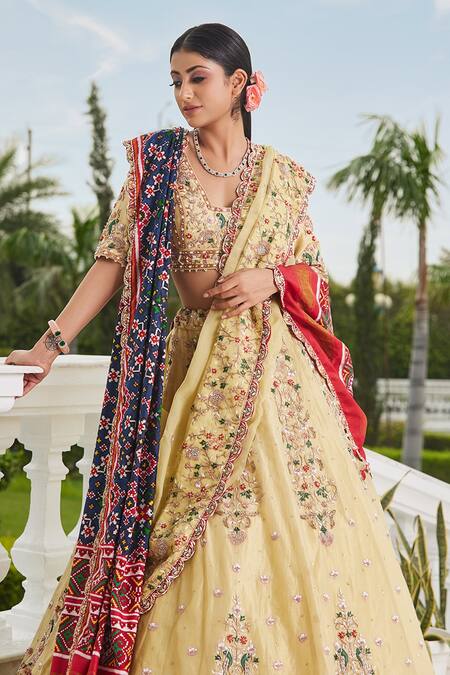 Shop_Sonia Bansal_Yellow Silk, Tissue Floral, Resham, Zardozi V Embroidered Bridal Lehenga Set _at_Aza_Fashions