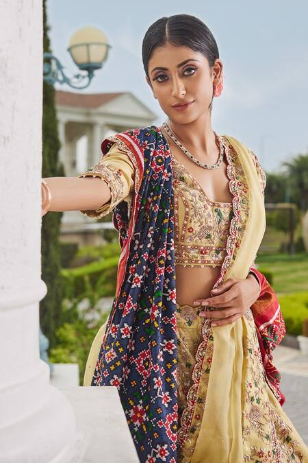 Sonia Bansal_Yellow Silk, Tissue Floral, Resham, Zardozi V Embroidered Bridal Lehenga Set _Online_at_Aza_Fashions