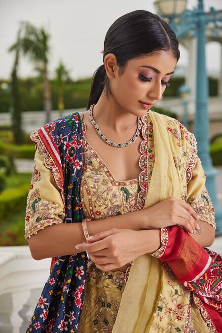 Buy_Sonia Bansal_Yellow Silk, Tissue Floral, Resham, Zardozi V Embroidered Bridal Lehenga Set _Online_at_Aza_Fashions