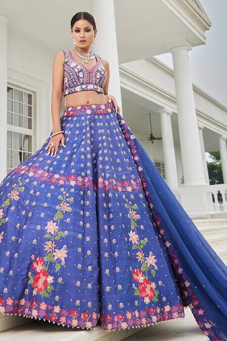Shop_Sonia Bansal_Blue Chanderi Printed Floral Leaf Neck Lehenga Set _at_Aza_Fashions