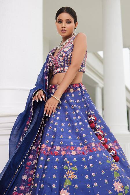 Buy_Sonia Bansal_Blue Chanderi Printed Floral Leaf Neck Lehenga Set _Online_at_Aza_Fashions