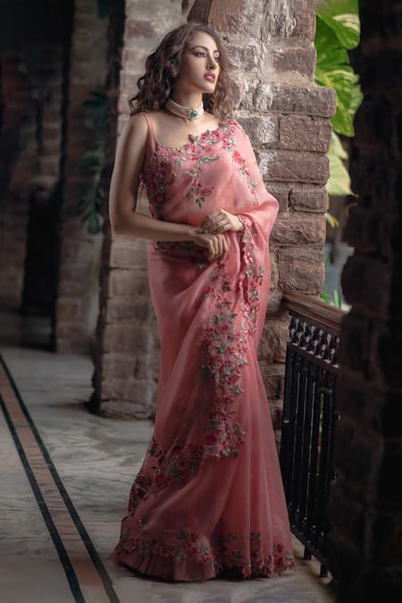 Anushree Reddy Organza Floral Embroidered Saree With Unstitched Blouse 