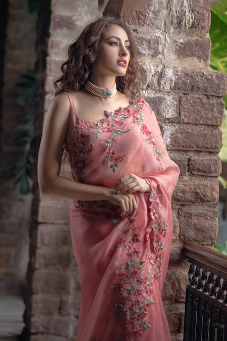 Shop_Anushree Reddy_Pink Organza Floral Embroidered Saree With Unstitched Blouse  _at_Aza_Fashions