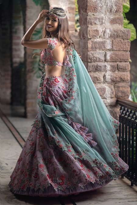 Anushree Reddy Organza Floral Embroidered Bridal Lehenga Set 