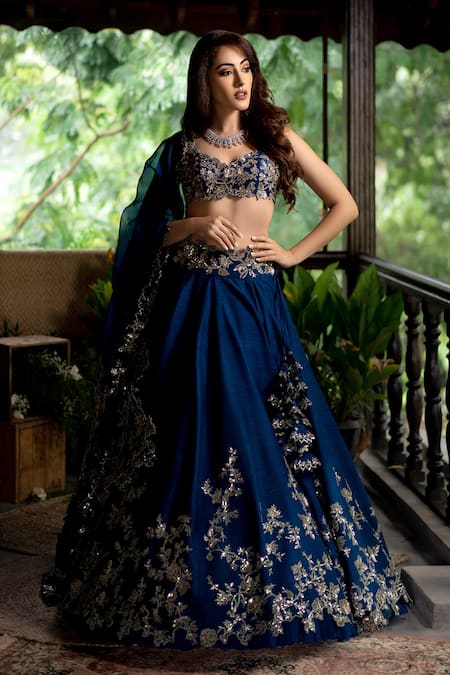 Embroidered Navy Blue Color Wedding Wear Fancy Lehenga Choli In Georgette  Fabric