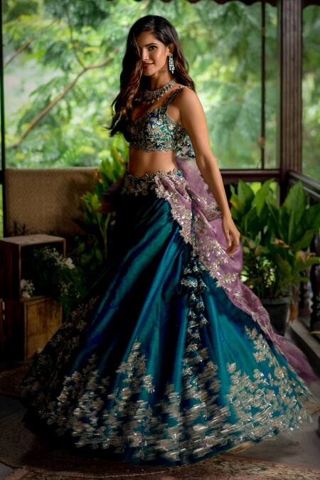 Shop Anushree Reddy Green Lehenga And Blouse Raw Silk Dupatta Floral Embroidered Bridal Set at Aza Fashions Shop_Anushree Reddy_Green Lehenga And Blouse Raw Silk Dupatta Floral Embroidered Bridal Set_at_Aza_Fashions
