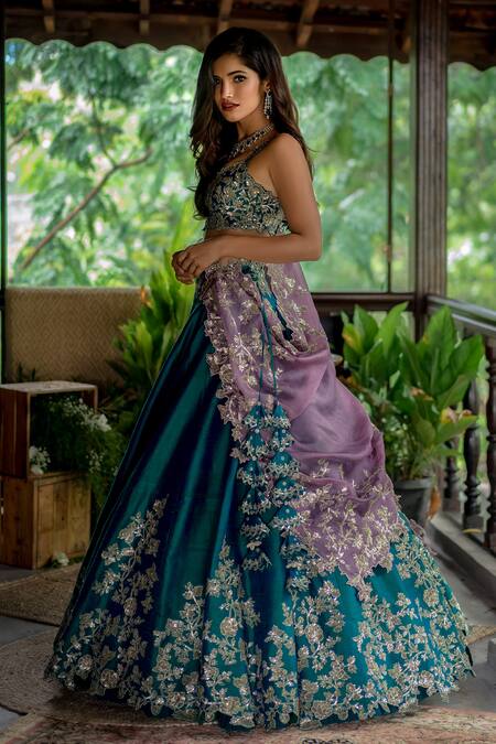 Buy Anushree Reddy Green Lehenga And Blouse Raw Silk Dupatta Floral Embroidered Bridal Set Online at Aza Fashions Buy_Anushree Reddy_Green Lehenga And Blouse Raw Silk Dupatta Floral Embroidered Bridal Set_Online_at_Aza_Fashions