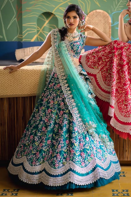 Anushree Reddy Green Lehenga And Blouse Raw Silk Floral Embroidered Bridal Set  