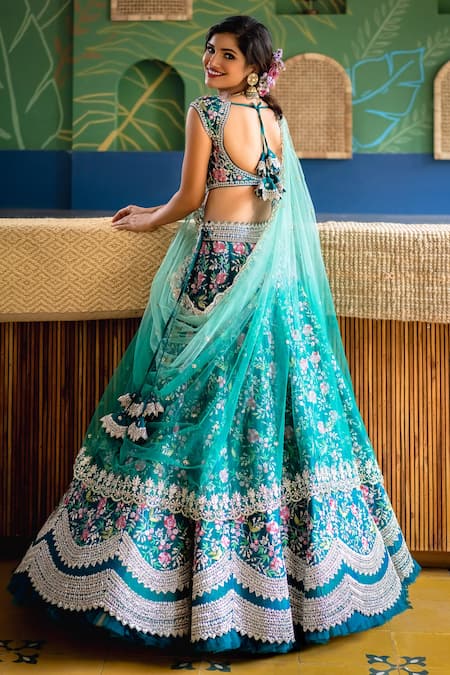 Shop_Anushree Reddy_Green Lehenga And Blouse Raw Silk Dupatta Net Floral Embroidered Bridal Set_at_Aza_Fashions