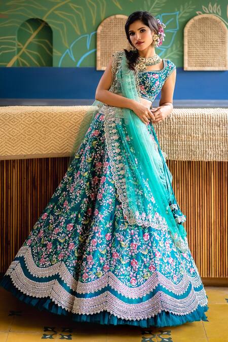 Anushree Reddy_Green Lehenga And Blouse Raw Silk Dupatta Net Floral Embroidered Bridal Set_Online_at_Aza_Fashions