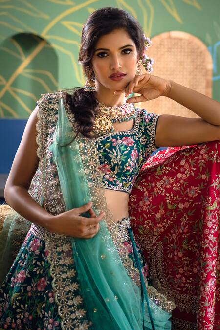 Buy_Anushree Reddy_Green Lehenga And Blouse Raw Silk Dupatta Net Floral Embroidered Bridal Set_Online_at_Aza_Fashions