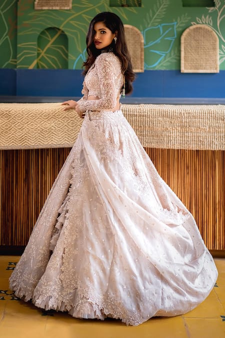 Shop_Anushree Reddy_White Organza Round Bead Embellished Bridal Lehenga Set _at_Aza_Fashions