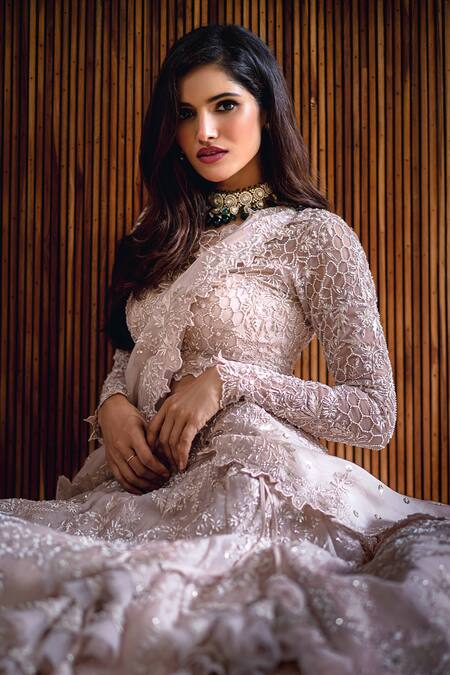 Buy_Anushree Reddy_White Organza Round Bead Embellished Bridal Lehenga Set _Online_at_Aza_Fashions