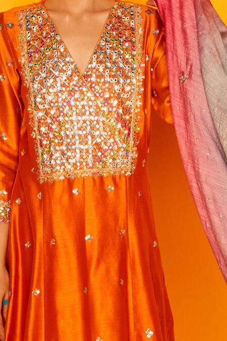 Buy Loka By Veerali Raveshia Orange Chanderi Silk, Tussar Silk, V Neck Ragini Kurta Sharara Set Online at Aza Fashions Buy_Loka By Veerali Raveshia_Orange Chanderi Silk, Tussar Silk, V Neck Ragini Kurta Sharara Set _Online_at_Aza_Fashions