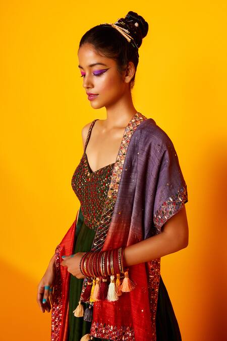 Loka By Veerali Raveshia_Green Dupion , Muga V Neck Anarkali With Dupatta _Online_at_Aza_Fashions