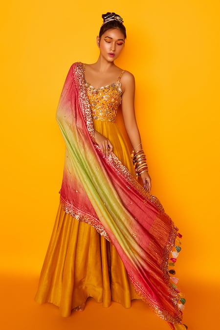 Shop Loka By Veerali Raveshia Yellow Dupion , Tussar V Neck Dahlia Anarkali With Dupatta at Aza Fashions Shop_Loka By Veerali Raveshia_Yellow Dupion , Tussar V Neck Dahlia Anarkali With Dupatta _at_Aza_Fashions