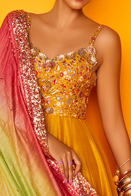 Loka By Veerali Raveshia Yellow Dupion , Tussar V Neck Dahlia Anarkali With Dupatta Online at Aza Fashions Loka By Veerali Raveshia_Yellow Dupion , Tussar V Neck Dahlia Anarkali With Dupatta _Online_at_Aza_Fashions