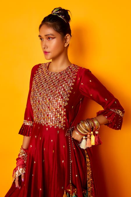 Shop Loka By Veerali Raveshia Red Chanderi Silk, Tussar Silk, Cotton Mul Round Maia Anarkali Sharara Set at Aza Fashions Shop_Loka By Veerali Raveshia_Red Chanderi Silk, Tussar Silk, Cotton Mul Round Maia Anarkali Sharara Set _at_Aza_Fashions