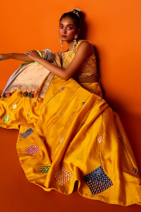Buy_Loka by Veerali Raveshia_Yellow Chanderi Silk Embroidery Round Bridal Lehenga Set  _Online_at_Aza_Fashions