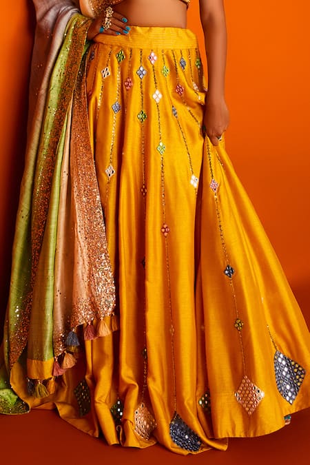 Shop_Loka by Veerali Raveshia_Yellow Chanderi Silk Embroidery Round Bridal Lehenga Set  _Online_at_Aza_Fashions